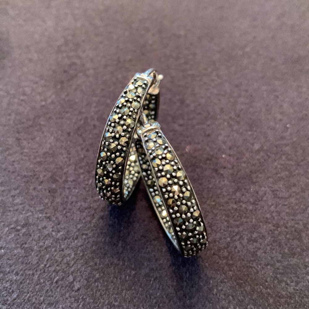 Marcasite and 925 Sterling Silver Art Deco Style Hoop Earrings.